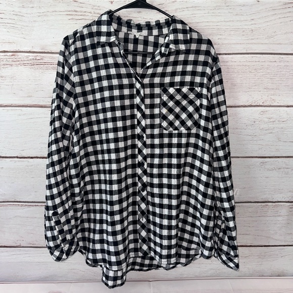 Beachloungelunch Black White Gingham Plaid Button Down Top Large Office Casual - Picture 1 of 6